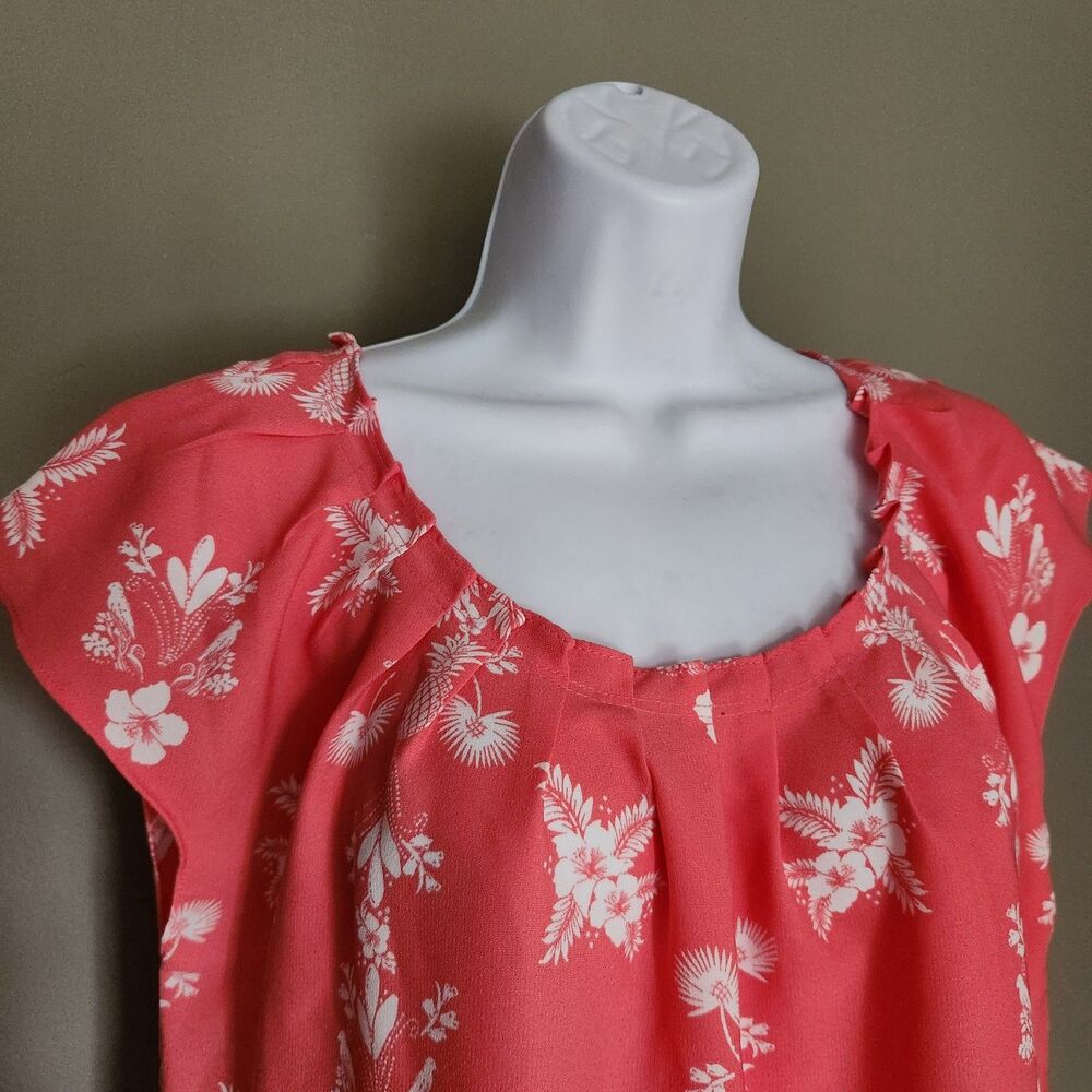 LC Lauren Conrad Floral Coral Pleat Neck Blouse with Back Neck Tie, Small